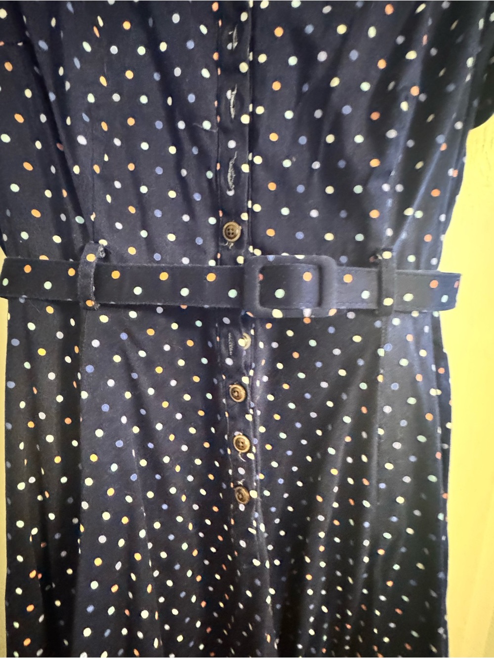 Collectif x ModCloth Navy Polka Dot Belted Button-Front Dress - Picture 2 of 5